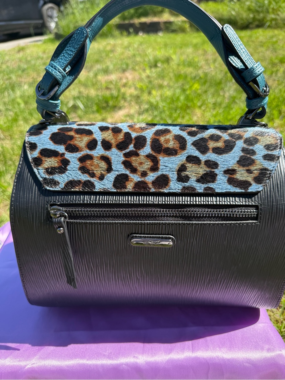 Sharif Legacy Leopard Haircalf and Epi Leather Engraved Leaf Satchel. - Picture 2 of 13